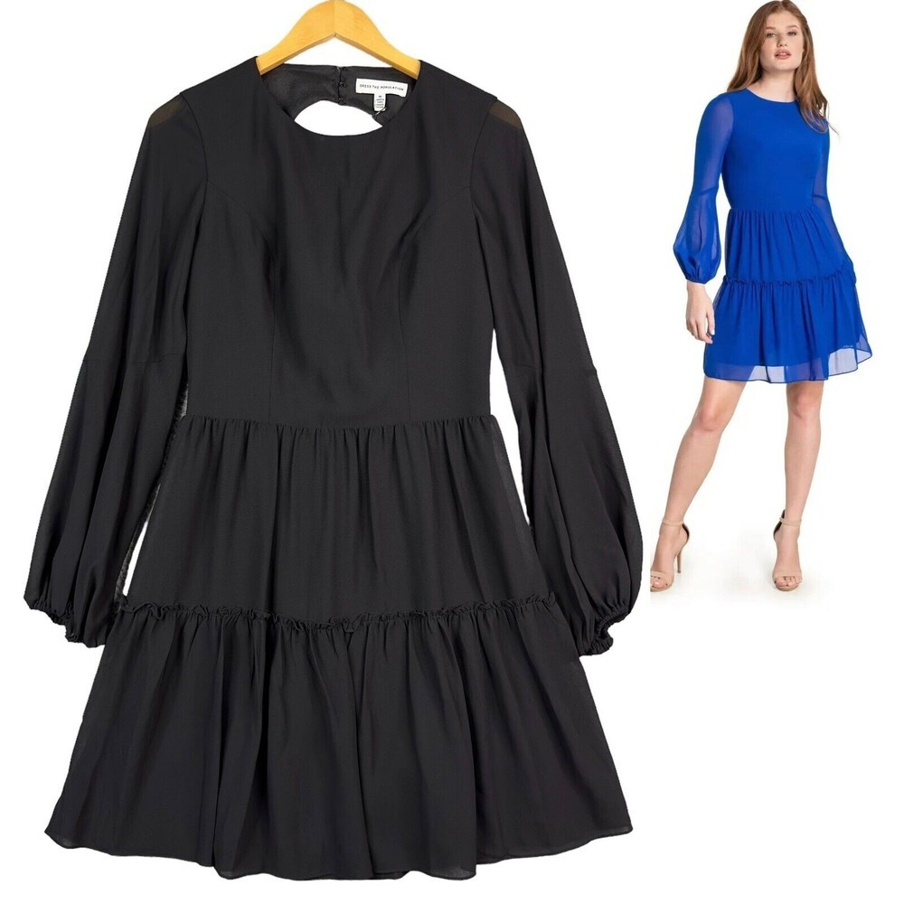 Dress the Population Paola Black‎ Chiffon Mini Dress Blouson Sleeve Tiered NWT